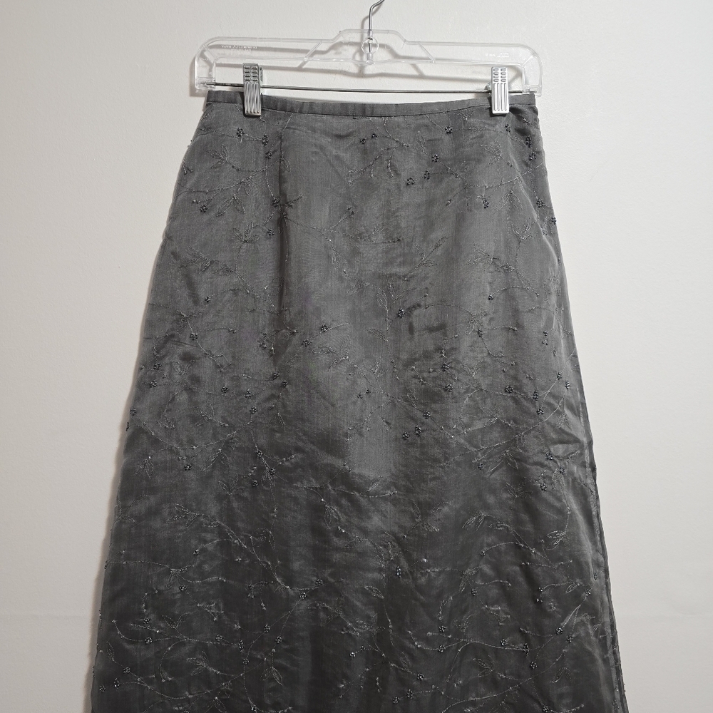 Vintage Anne Taylor 100% Silk Grey Embroidered Flora Pearl Maxi Skirt - Picture 2 of 10